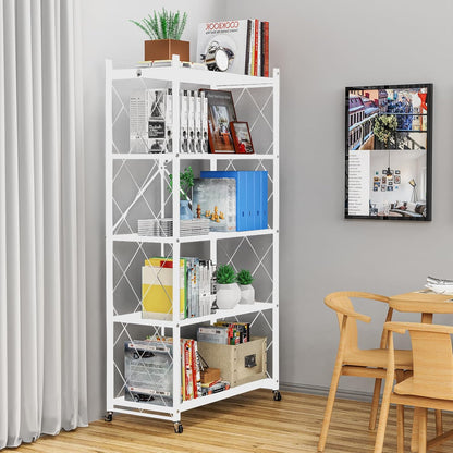 5 Tier Foldable Storage Shelves with Wheels, Large Capacity Shelving Unit, Freestanding Metal Wire Shelf Rack, No Assembly Organizer Rack for Garage Kitchen, Basement, Pantry(White)