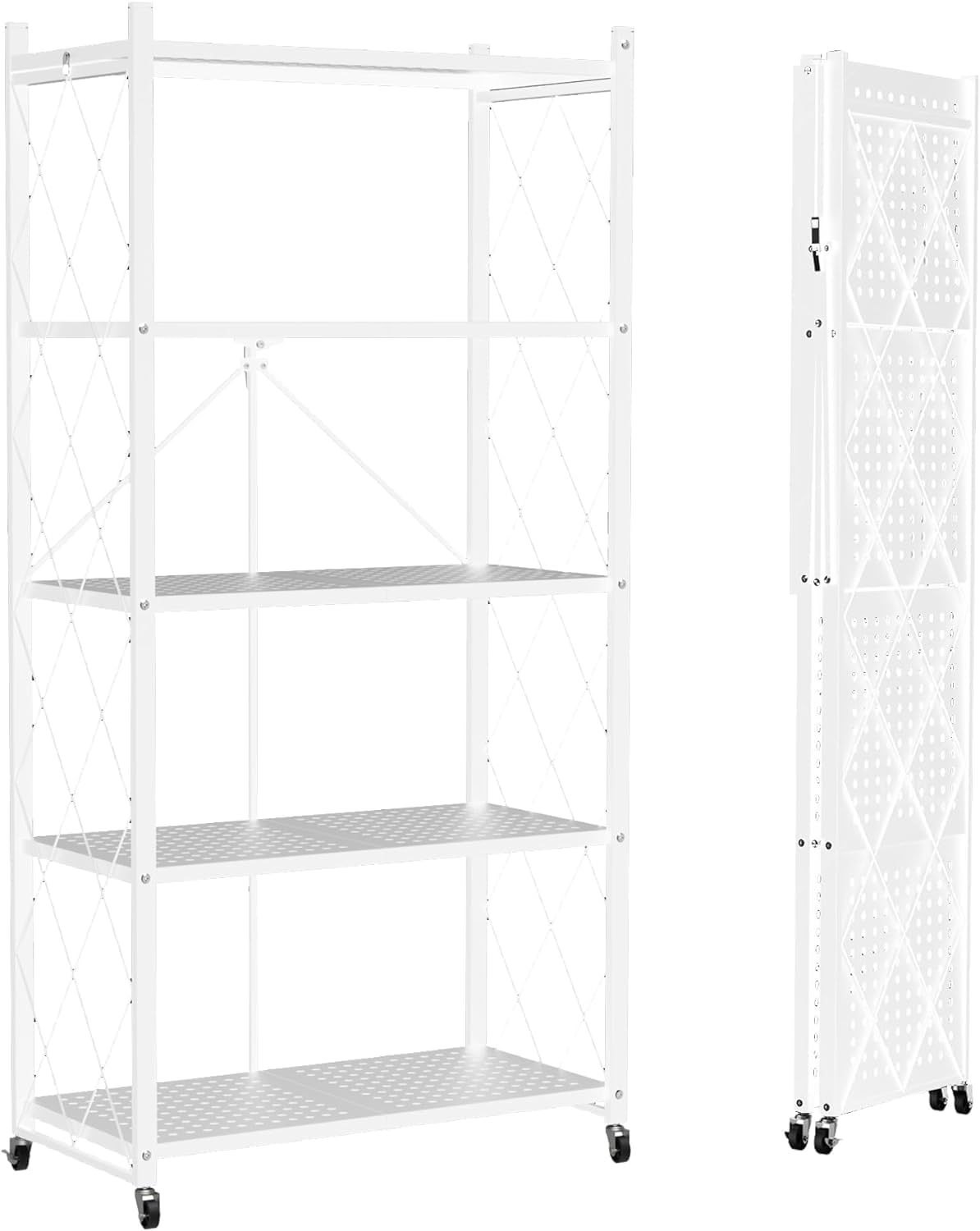 5 Tier Foldable Storage Shelves with Wheels, Large Capacity Shelving Unit, Freestanding Metal Wire Shelf Rack, No Assembly Organizer Rack for Garage Kitchen, Basement, Pantry(White)