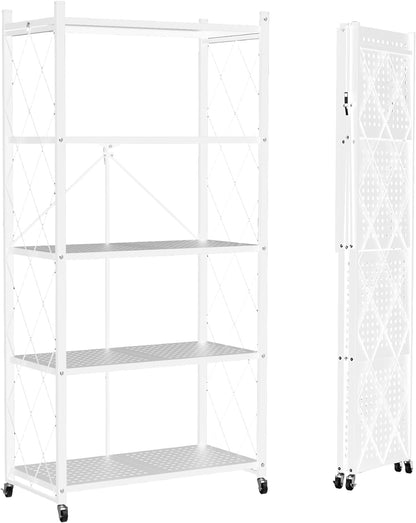 5 Tier Foldable Storage Shelves with Wheels, Large Capacity Shelving Unit, Freestanding Metal Wire Shelf Rack, No Assembly Organizer Rack for Garage Kitchen, Basement, Pantry(White)