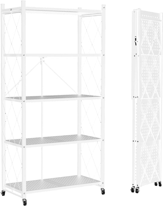 5 Tier Foldable Storage Shelves with Wheels, Large Capacity Shelving Unit, Freestanding Metal Wire Shelf Rack, No Assembly Organizer Rack for Garage Kitchen, Basement, Pantry(White)