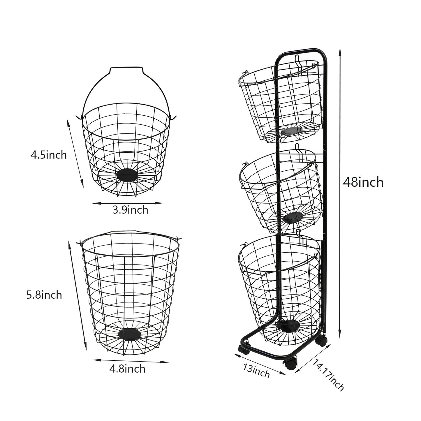 3 Tier Laundry Basket with Lockable Wheels, Wire Metal Sorter Storage Trolley with 3 Removable Basket, Durable Clothes Storage Hamper, Black