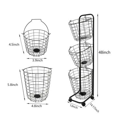 3 Tier Laundry Basket with Lockable Wheels, Wire Metal Sorter Storage Trolley with 3 Removable Basket, Durable Clothes Storage Hamper, Black