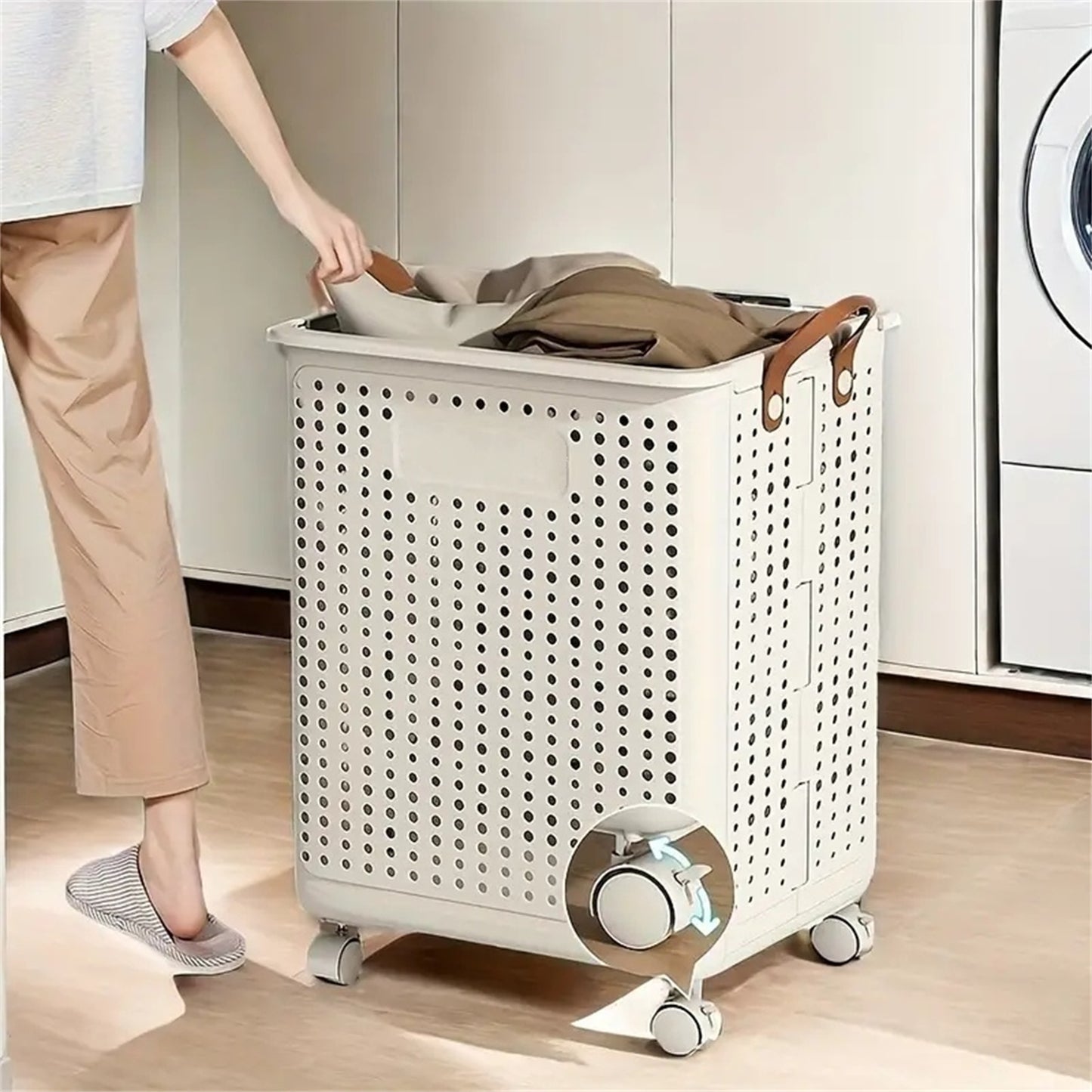 Foldable Multi-Functional Plastic Laundry Basket, Portable Clothing Storage Bin with Wheels, Large Size, Suitable for Balcony, Bathroom, and Bedroom
