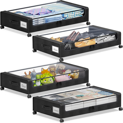 Under Bed Storage with Wheels, 4-Pack UnderBed Storage Containers with Clear Lids, XXL 60L Under the Bed Storage Organizer Bins, Rolling Under Bed Metal Drawer for Clothes,Shoes,Toys (Black)