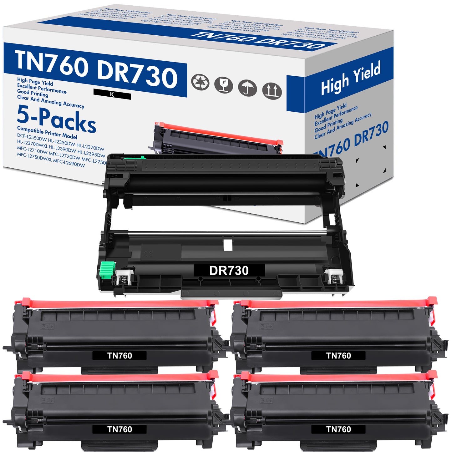 TN-760 Toner Cartridge and DR-730 Drum Unit Set Compatible for Brother TN760 TN730 DR730 use with DCP-L2550DW HL-L2350DW MFC-L2710DW MFC-L2690DW Printer (4x TN760 Toner, 1x DR730 Drum Unit )