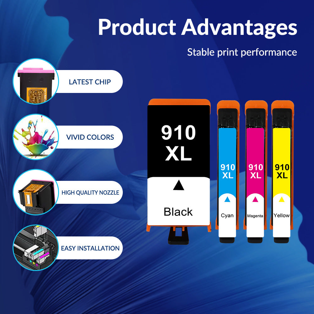 910XL Ink Cartridge High Yield Compatible for HP 910 Combo for HP OfficeJet Pro 8020 8024 8025 8028 8035 OfficeJet 8022 8010 8012 8014 8015 8018 Printer (Black, Cyan, Magenta, Yellow,4-Pack)