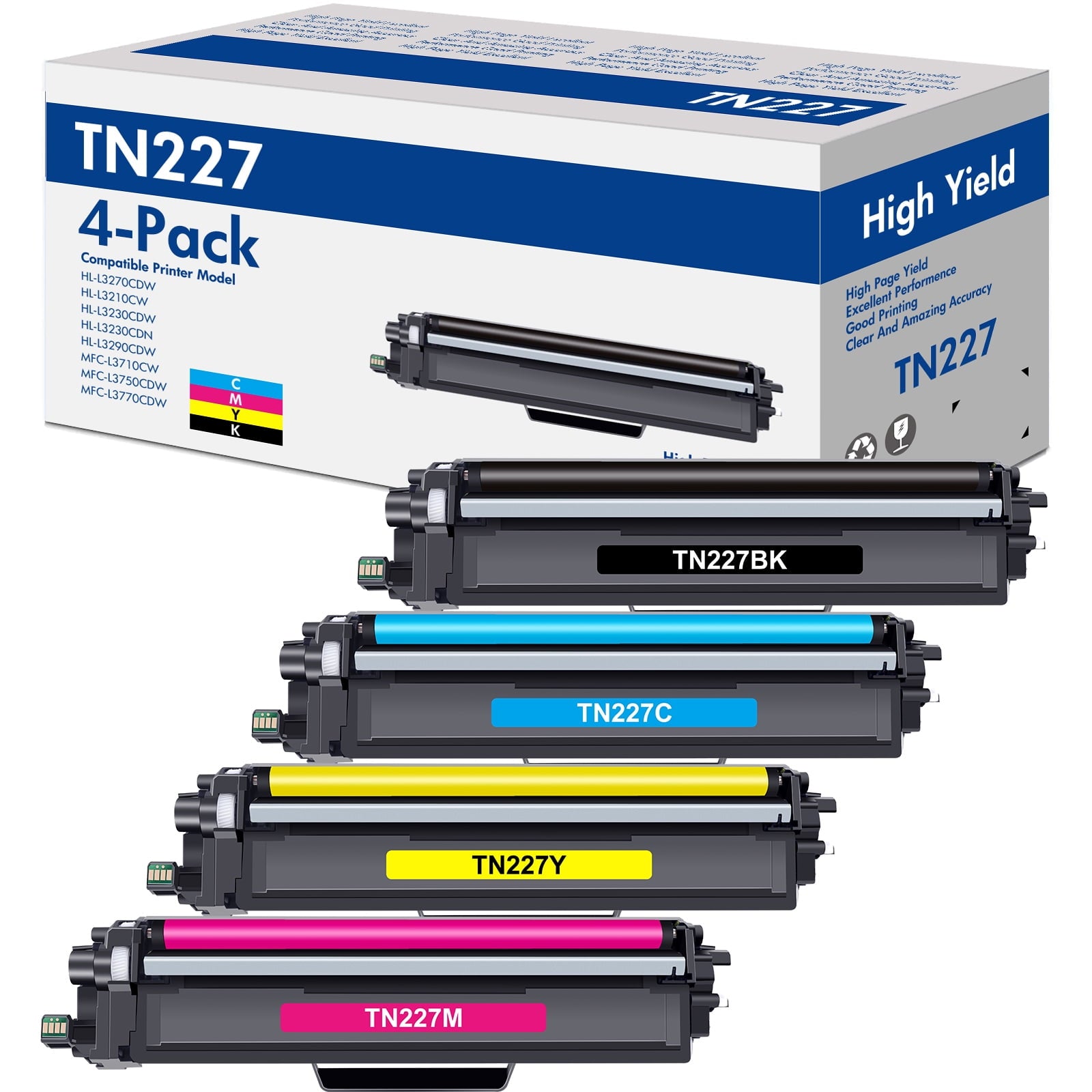 TN227 High Yield Toner Cartridge 4-Pack Compatible for Brother TN227 TN-227 TN-227BK/C/M/Y for HL-L3270CDW HL-L3210CW HL-L3230CDW HL-L3290CDW MFC-L3710CW MFC-L3750CDW MFC-L3770CDW Printer