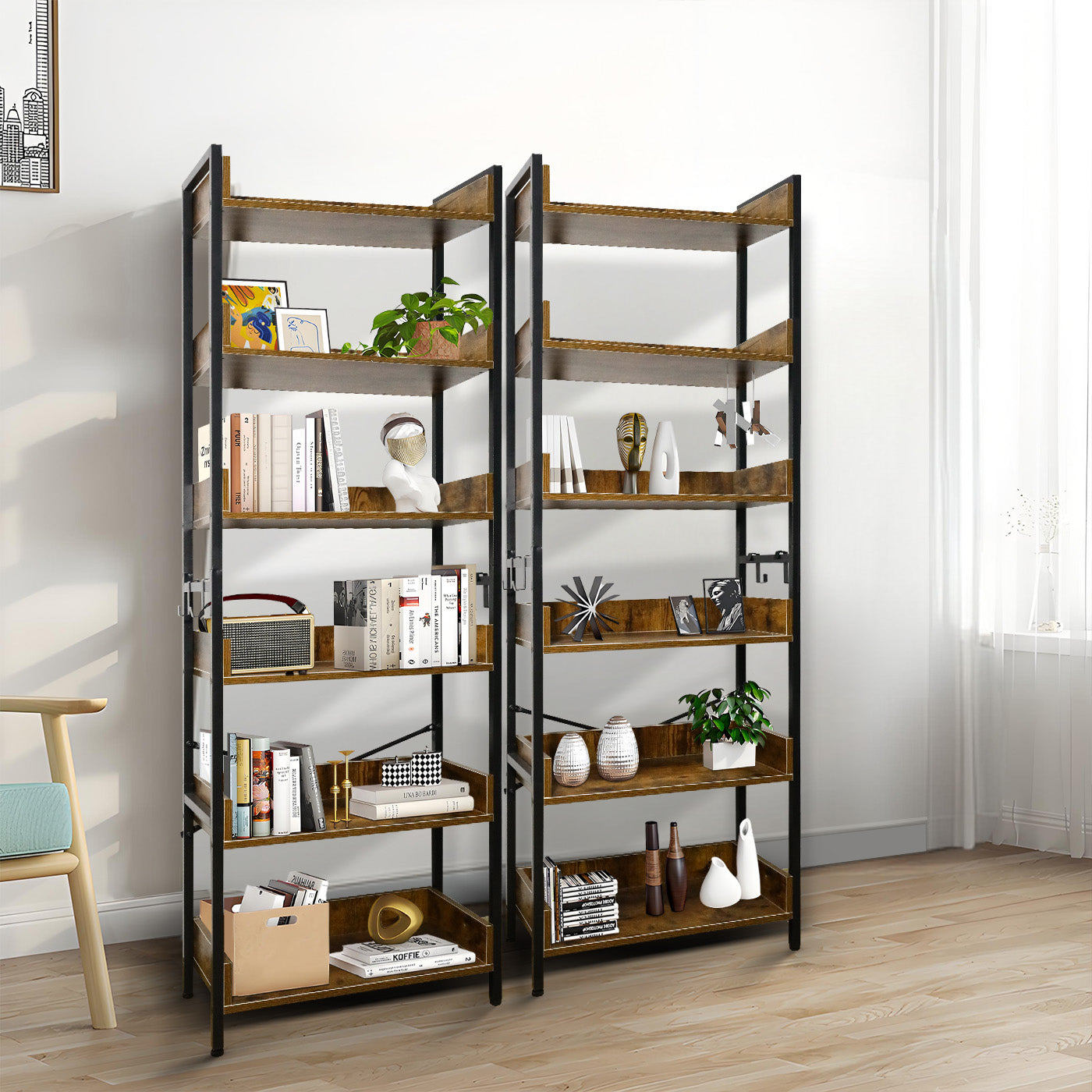 Amstech Bookshelf 6 Tier with 4 Hooks, Metal Framed Free-Standing Storage Shelf for Living Room and Home Office, Vintage