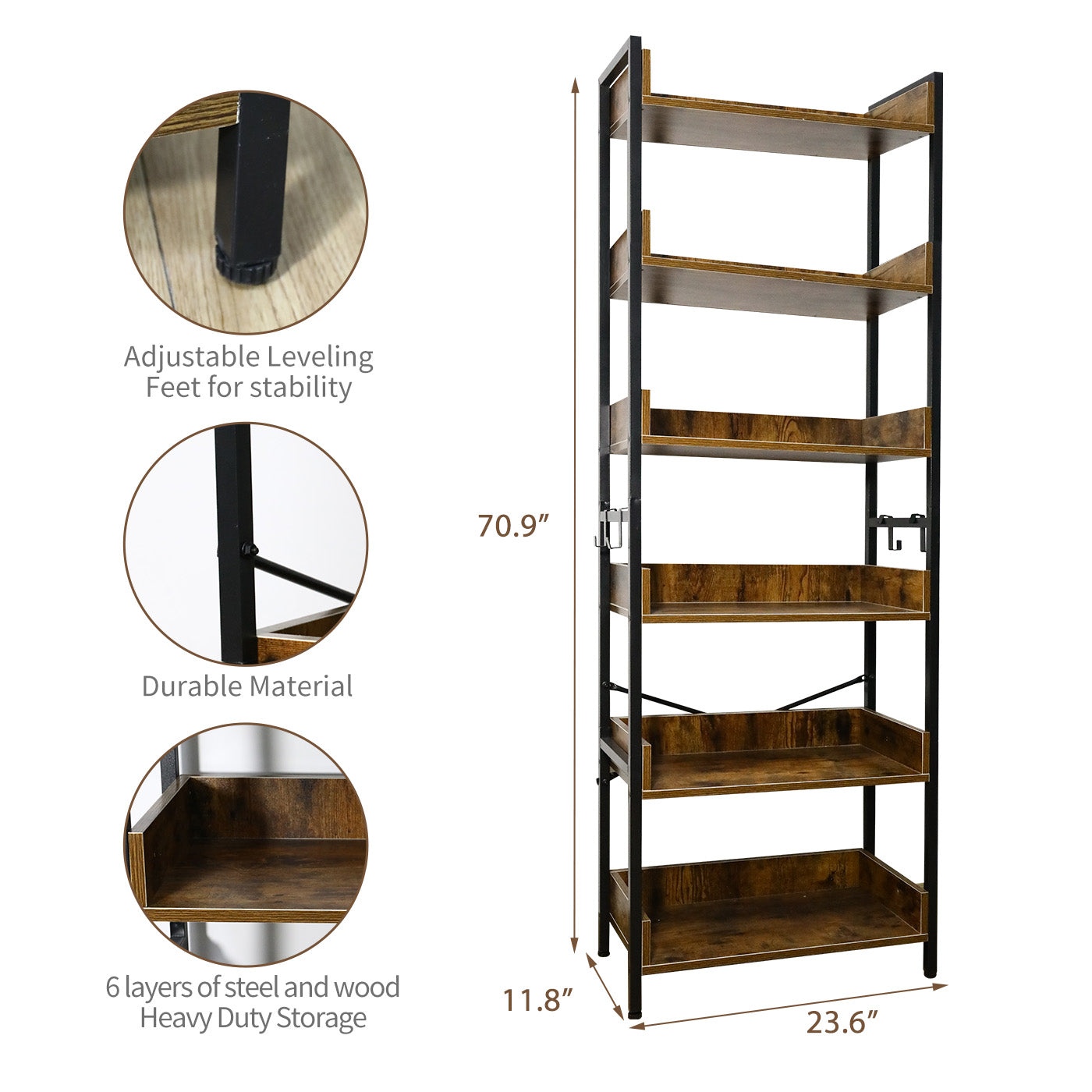 Amstech Bookshelf 6 Tier with 4 Hooks, Metal Framed Free-Standing Storage Shelf for Living Room and Home Office, Vintage