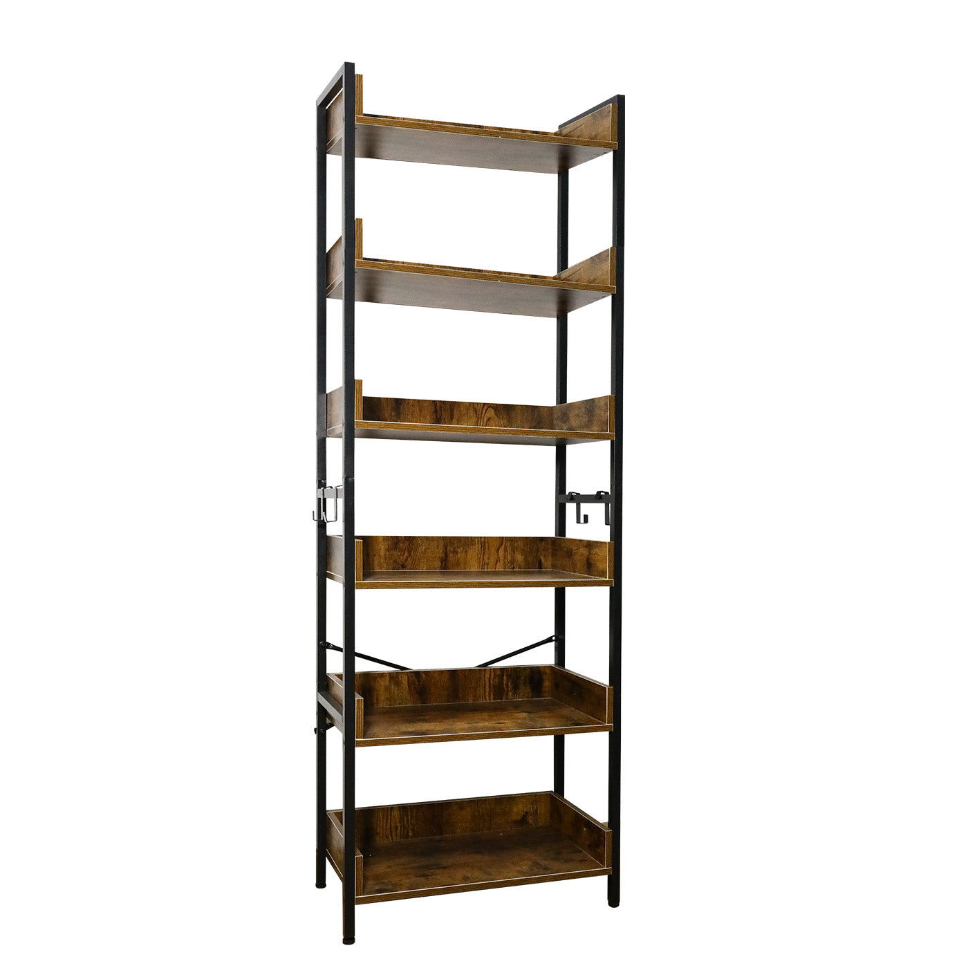 Amstech Bookshelf 6 Tier with 4 Hooks, Metal Framed Free-Standing Storage Shelf for Living Room and Home Office, Vintage
