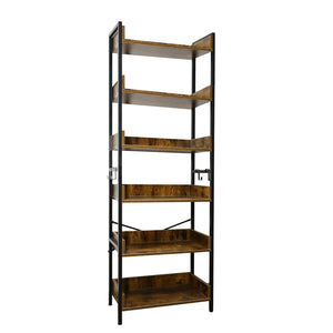 Amstech Bookshelf 6 Tier with 4 Hooks, Metal Framed Free-Standing Storage Shelf for Living Room and Home Office, Vintage