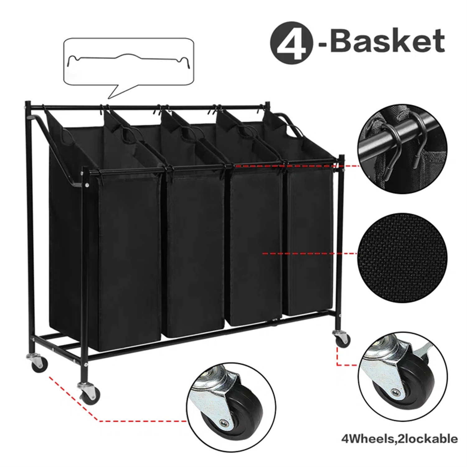 Amstech Laundry Hamper Sorter 4 Section, Laundry Sorter Cart with 4 Removable Bags and Rolling Wheels, Black