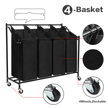 Amstech Laundry Hamper Sorter 4 Section, Laundry Sorter Cart with 4 Removable Bags and Rolling Wheels, Black