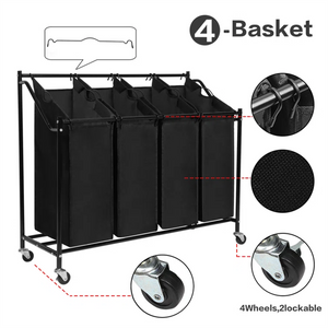 Amstech Laundry Hamper Sorter 4 Section, Laundry Sorter Cart with 4 Removable Bags and Rolling Wheels, Black