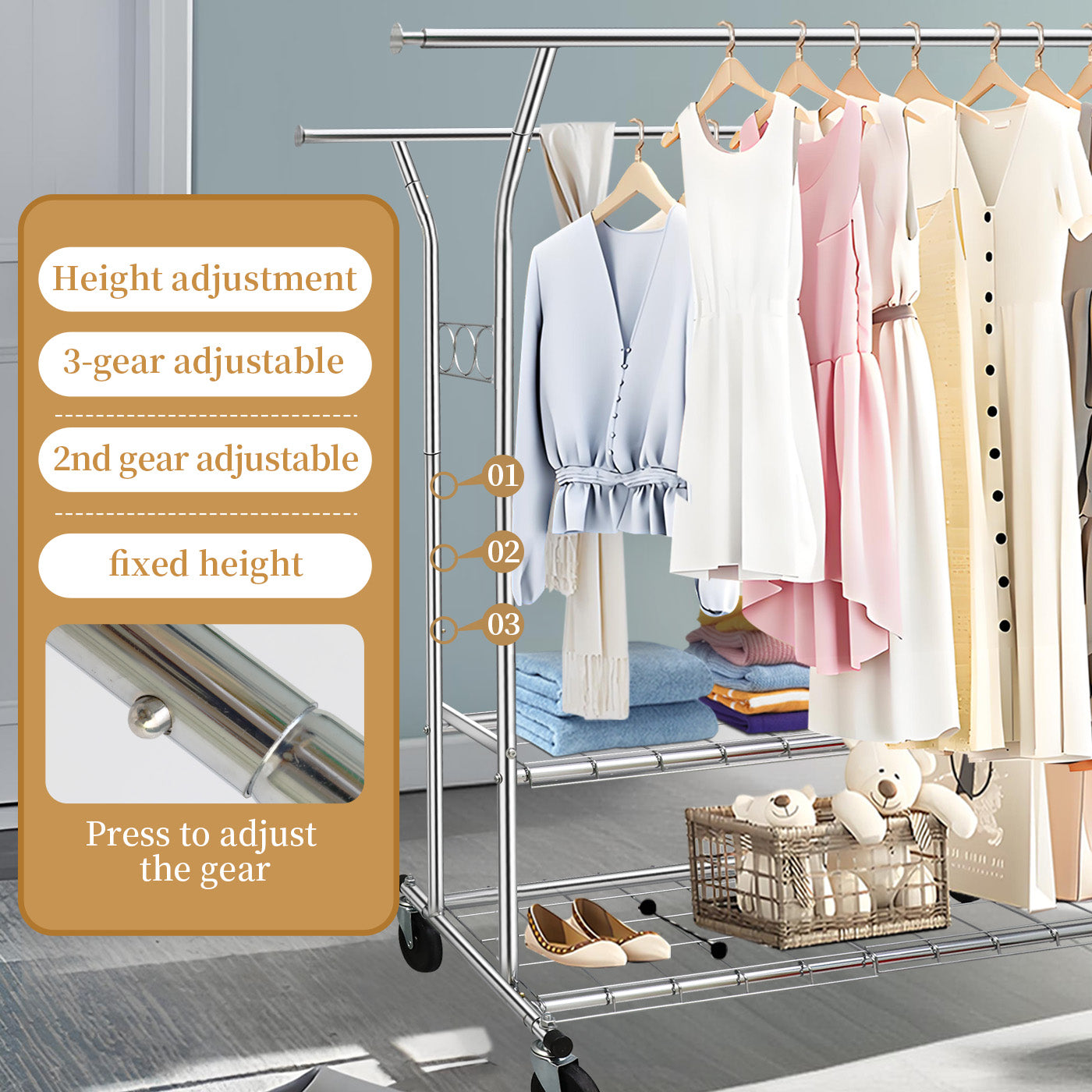 Clothes Rack Heavy Duty 620LBS Weight Capacity, Rolling Clothing Rack with Shelves, Double Rod Hanging Rack, Portable & Adjustable Garment Rack with Wheels