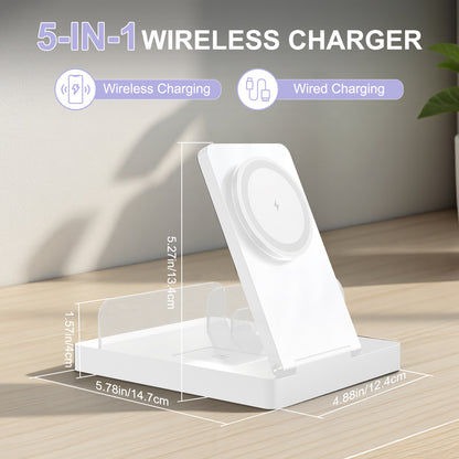Charging Station, 5 in 1 Wireless Charger Compatible with iPhone 17 16 15 14 13 12, Charging Dock for AirPods 4 3 2 1, for iWatch, for iPad, White