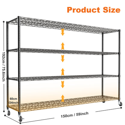 Storage Shelves Metal Shelving Unit with Wheels, 4 Tier Shelving Heavy Duty Wire Shelves for Garage, 59"×24"×75.6", Black