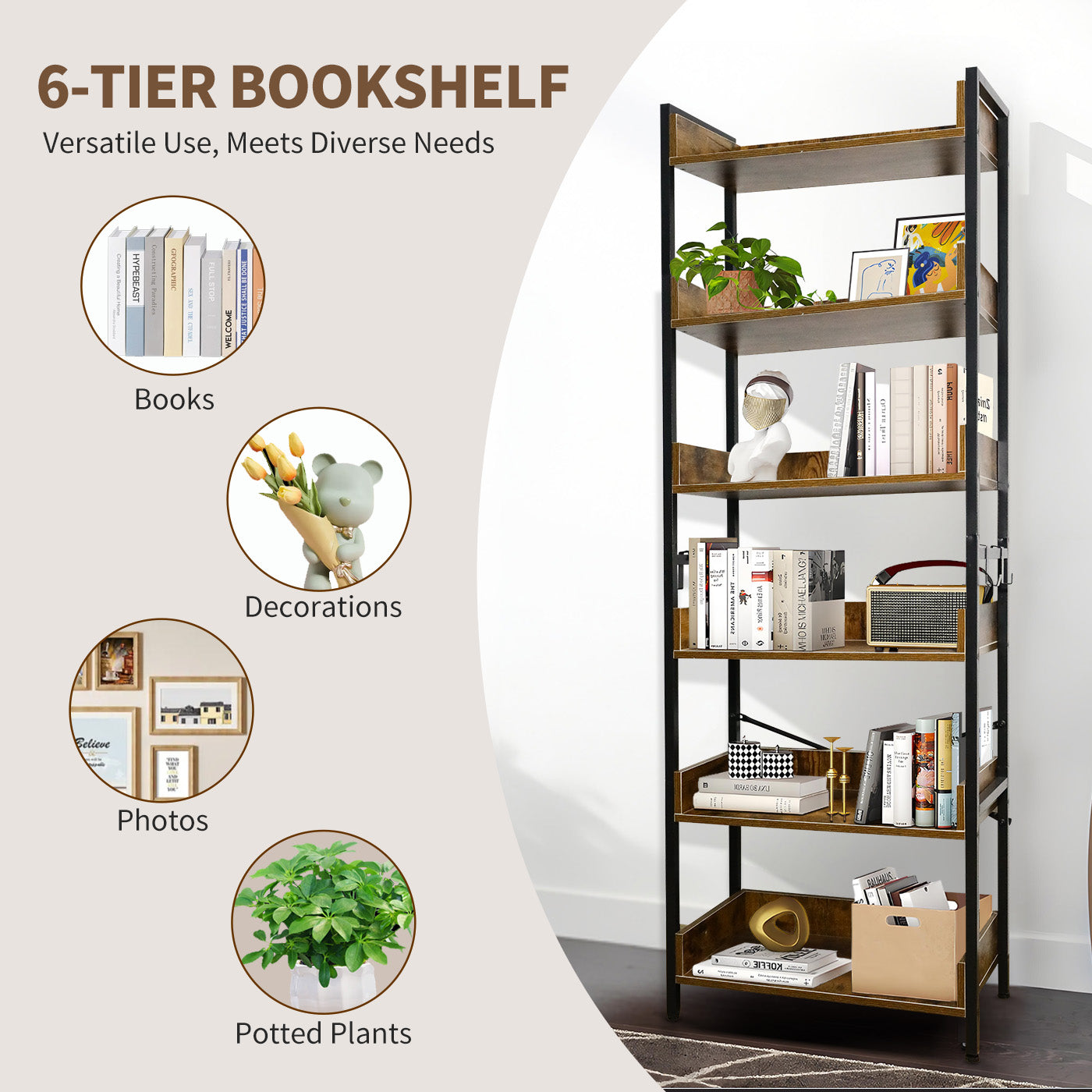 Amstech Bookshelf 6 Tier with 4 Hooks, Metal Framed Free-Standing Storage Shelf for Living Room and Home Office, Vintage