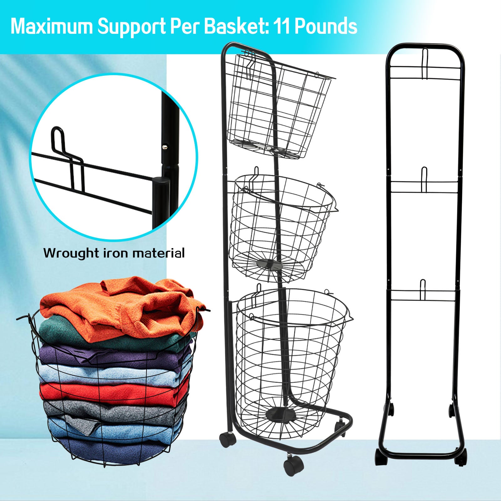 Amstech Removable 3 Tier Laundry Basket, Large Capacity Wire Basket Laundry Hamper with Wheels, for Bathroom Bedroom Laundry Room, Black