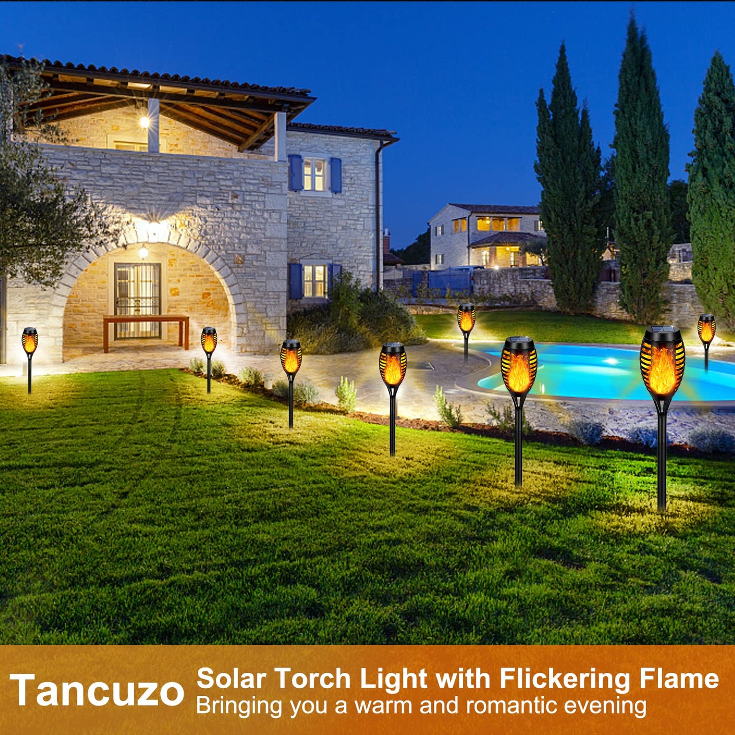 8 Packs Solar Tiki Torch Lights with Flickering Flame, Waterproof H-alloween Solar Lights Outdoor, Solar H-alloween Pathway Lights, H-allowee Decor Lights for Garden, Lawn, Patio, Yard
