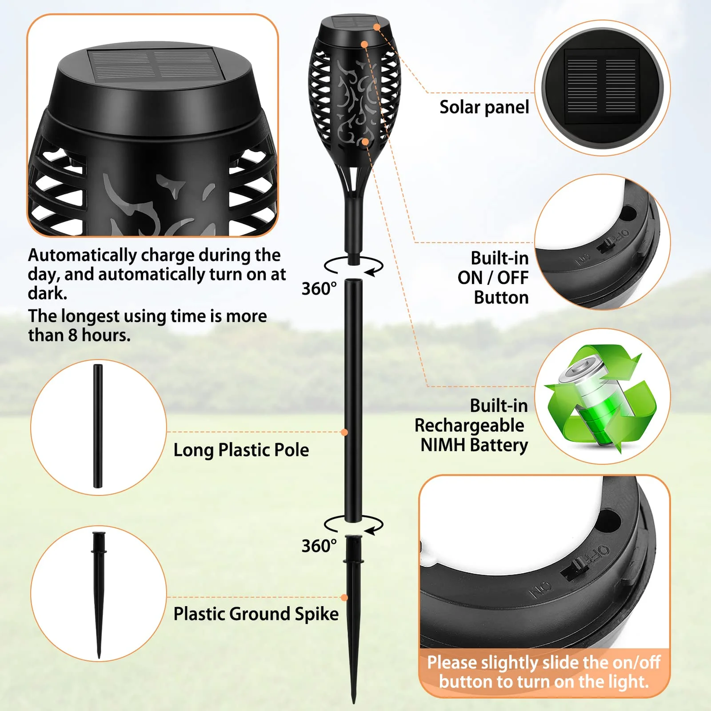 8 Packs Solar Tiki Torch Lights with Flickering Flame, Waterproof H-alloween Solar Lights Outdoor, Solar H-alloween Pathway Lights, H-allowee Decor Lights for Garden, Lawn, Patio, Yard