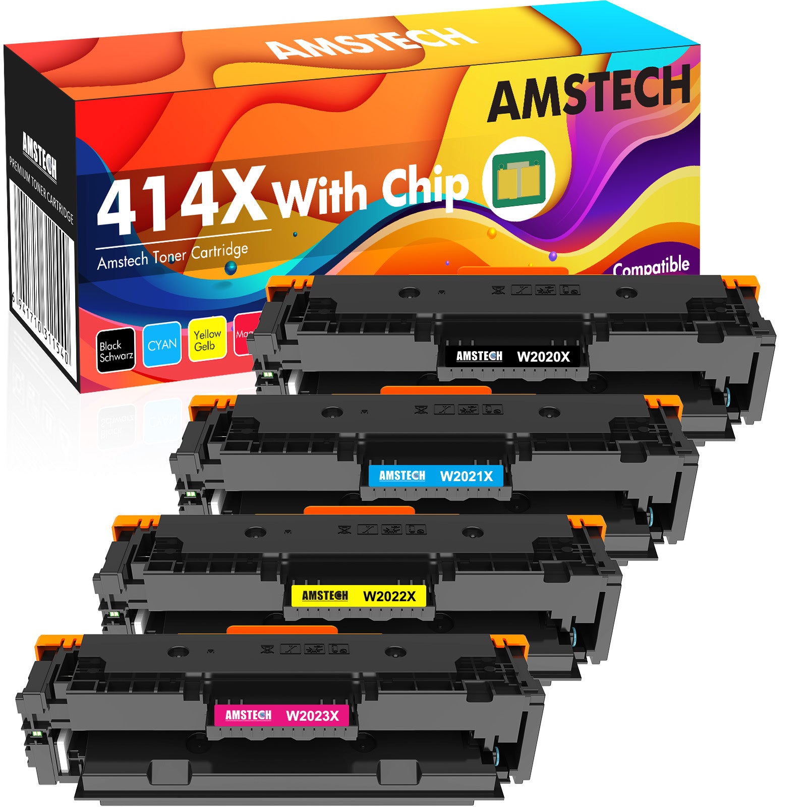 Amstech with Chip Compatible 414X 414A Toner Cartridge Replacement for HP 414X 414A W2020X Color Laserjet Pro MFP M479fdw M454dw M479fdn M454dn Printer (Black Cyan Magenta Yellow 4-Pack)