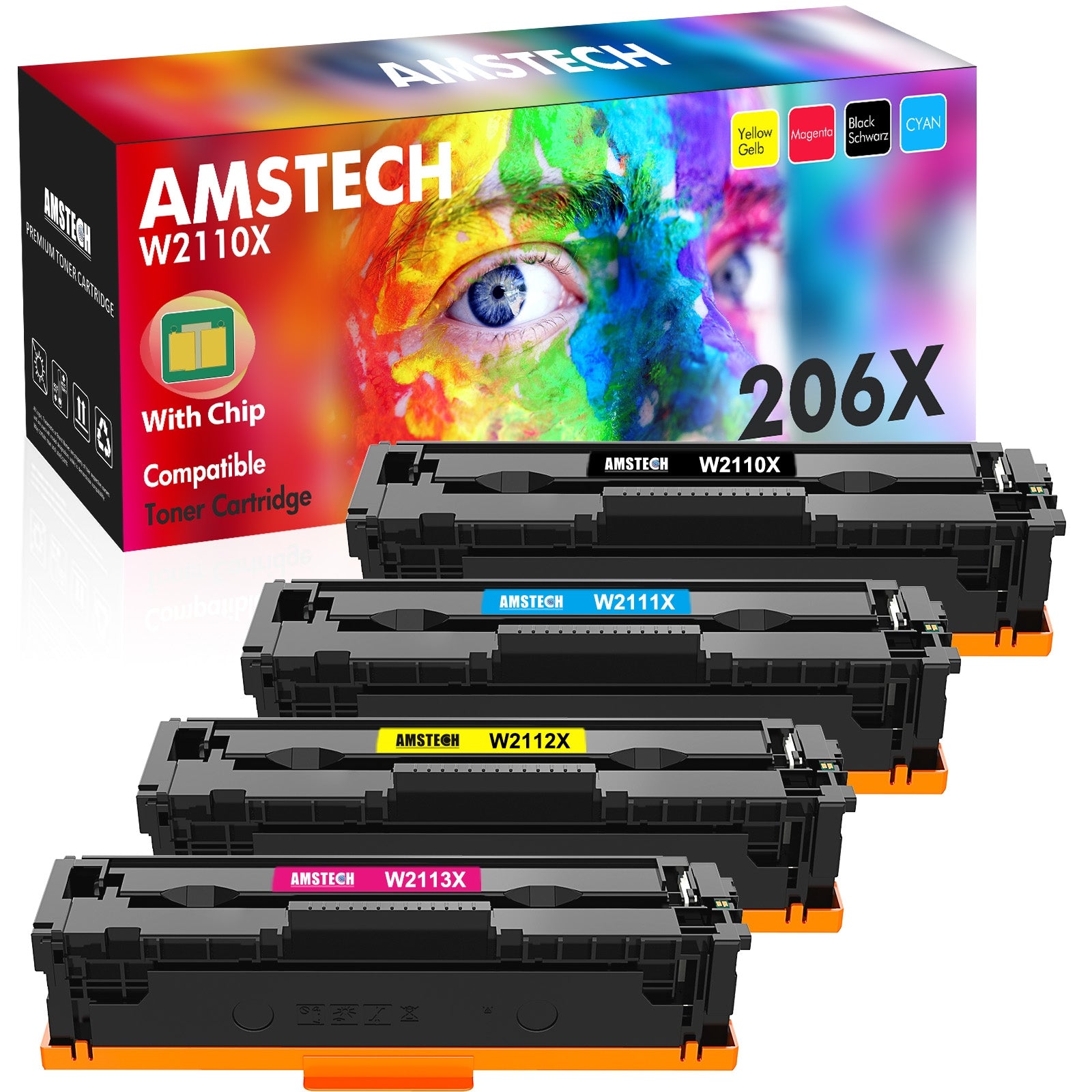 206X 206A Toner Cartridges 4 Pack High Yield (with Chip) Compatible Replacement for 206X 206A W2110X W2110A Color MFP M283fdw M283cdw M283 Pro M255dw M255 Printer Ink (Black Cyan Yellow Magenta)