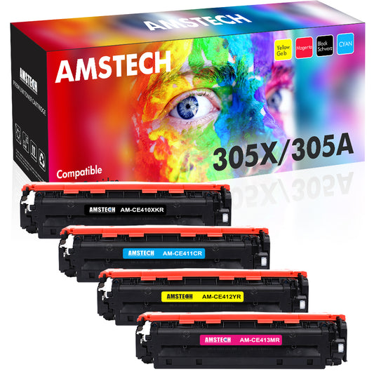 Amstech Compatible Toner Cartridge Replacement for HP 305A CE410A 305X CE410X LaserJet Pro 400 Color MFP M451nw M451dn M451dw M475dn M475dw Pro 300 Color MFP M375nw (Black Cyan Yellow Magenta, 4-Pack)