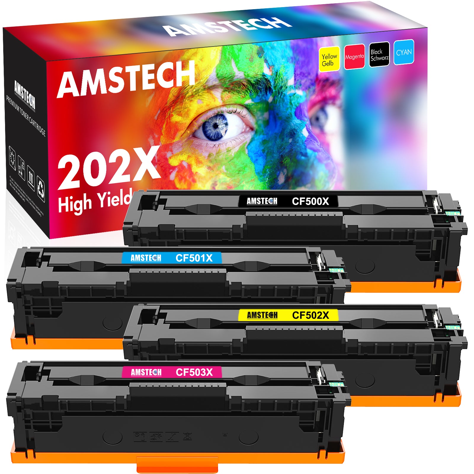 Amstech Compatible Toner Cartridge Replacement for HP 202X CF500X 202A CF500A HP Color Laserjet Pro MFP M281fdw M281cdw M254dw M281fdn M281 M281dw Toner Cartridge (Black Cyan Yellow Magenta, 4-Pack)