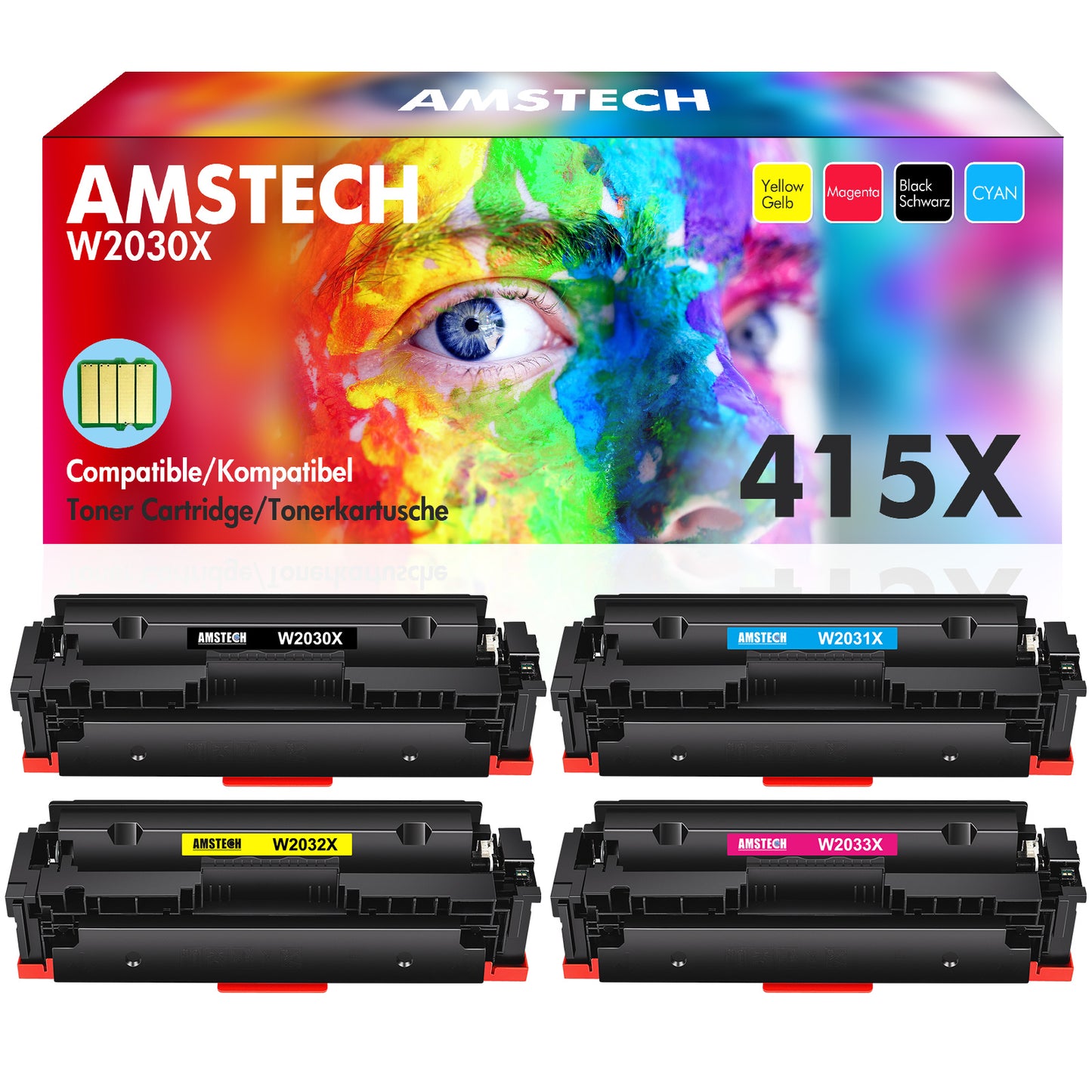 4 Pack avec Puce 415X Cartouche de Toner pour 415A W2030X W2031X W2032X W2033X Toner M479fdw Color Laserjet Pro MFP M479dw M479Fdn M479fnw M454dw M454dn M479 M454 Noir Magenta Jaune Cyan